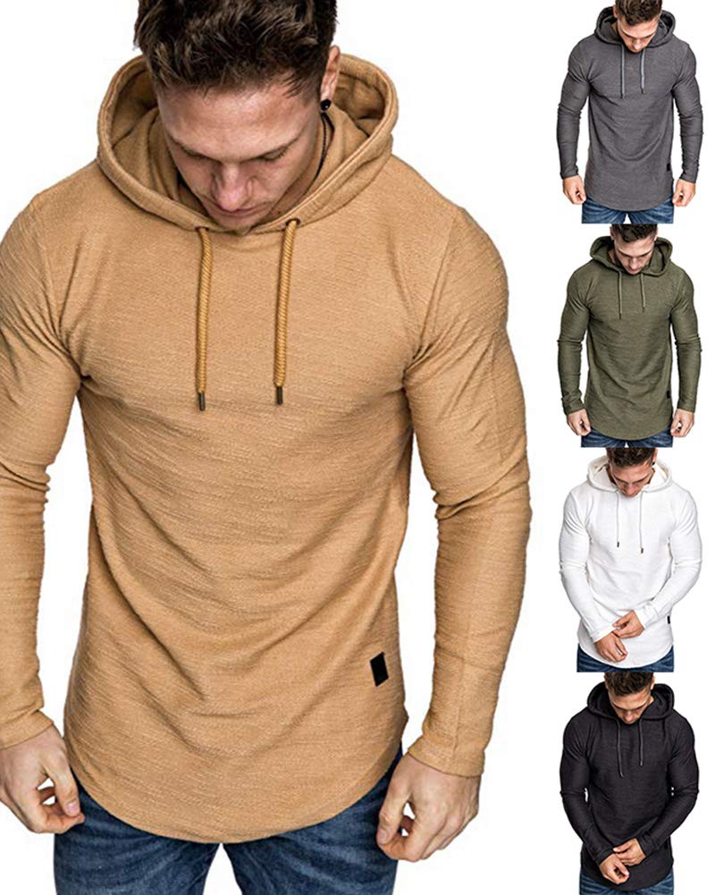 Lexiart Mens Fashion Athletic Hoodies Sport Sweatshirt Solid Color Fleece Pullover Khaki L - Image 2